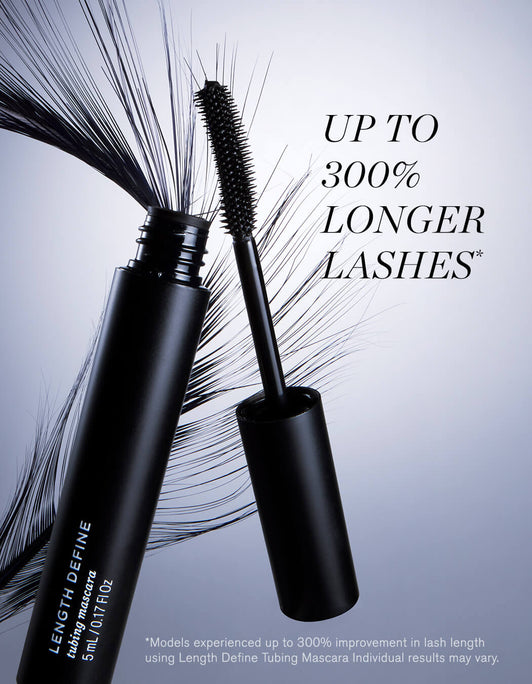 Length Define Research Results. Up to 300% longer lashes. Models experienced up to 300% improvement in lash length using Length Define Tubing Mascara. Individual results may vary.